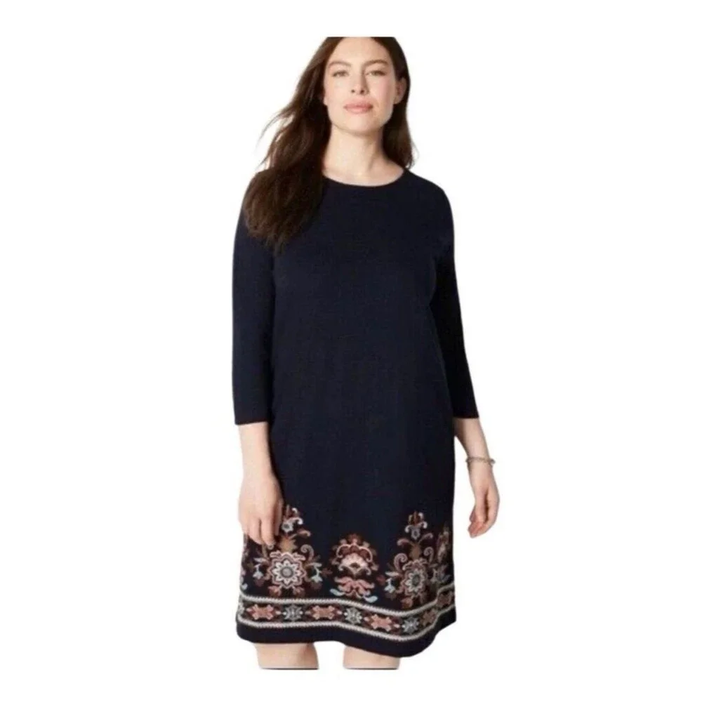 J. Jill Embroidered Floral Long Sleeve Shift Dress L Navy Blue Boho Chic Coastal